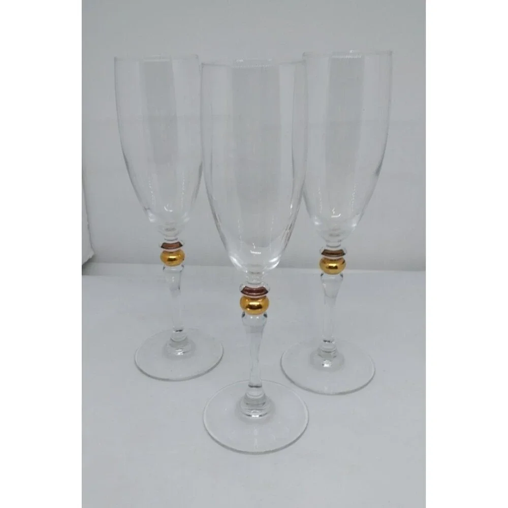 3 Champagne Flutes Cortina Gold Wafer in Stem by Cristal D'Arques-Durand